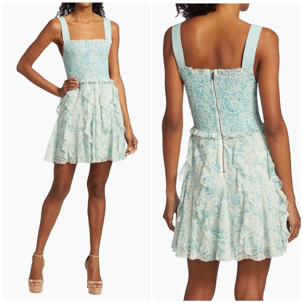 Alice + Olivia Jocelyn Floral Smocked Cotton Ruffle Mini Dress Blue Sz 10